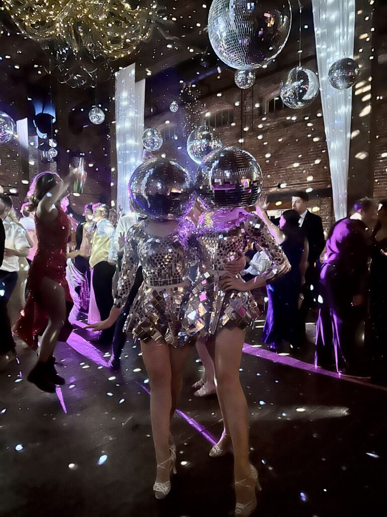 Disco ball dancer for wedding reception, disco theme wedding reception entertainment